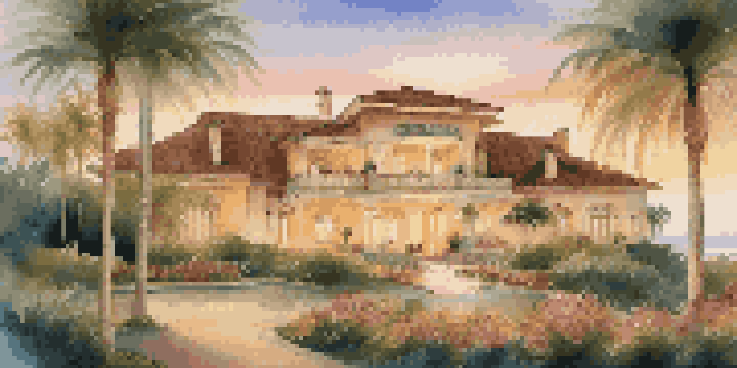 A serene beachside villa at sunset with palm trees and colorful flowers in the garden, showcasing luxury and tranquility.