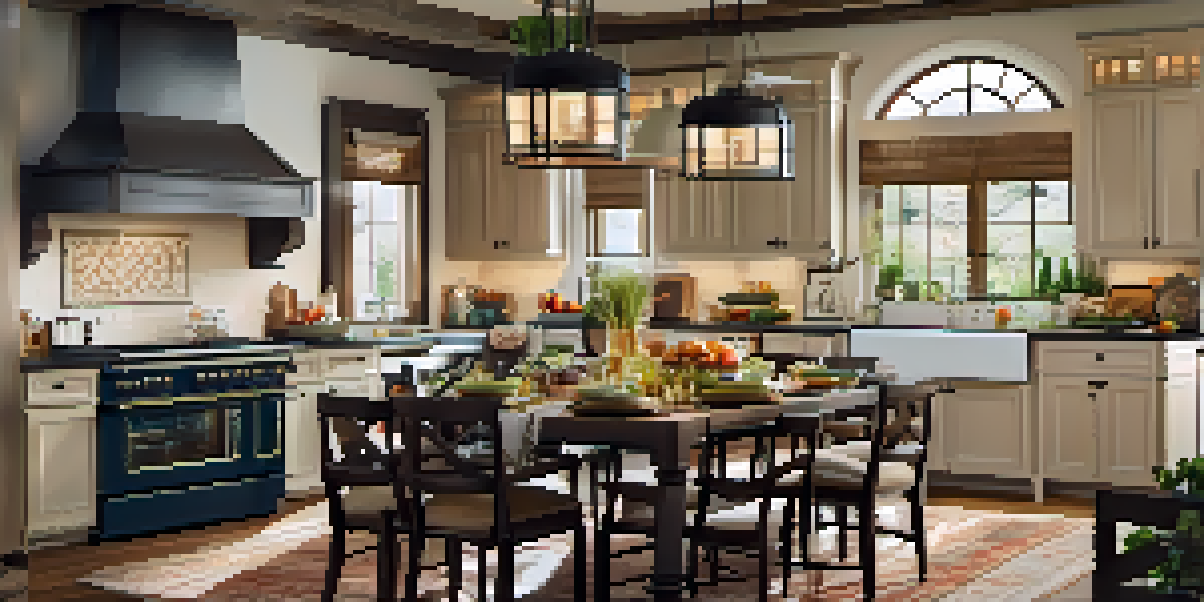 A luxurious kitchen with high-end appliances next to a rustic wooden table set for a cozy family dinner, illuminated by soft, warm lighting.