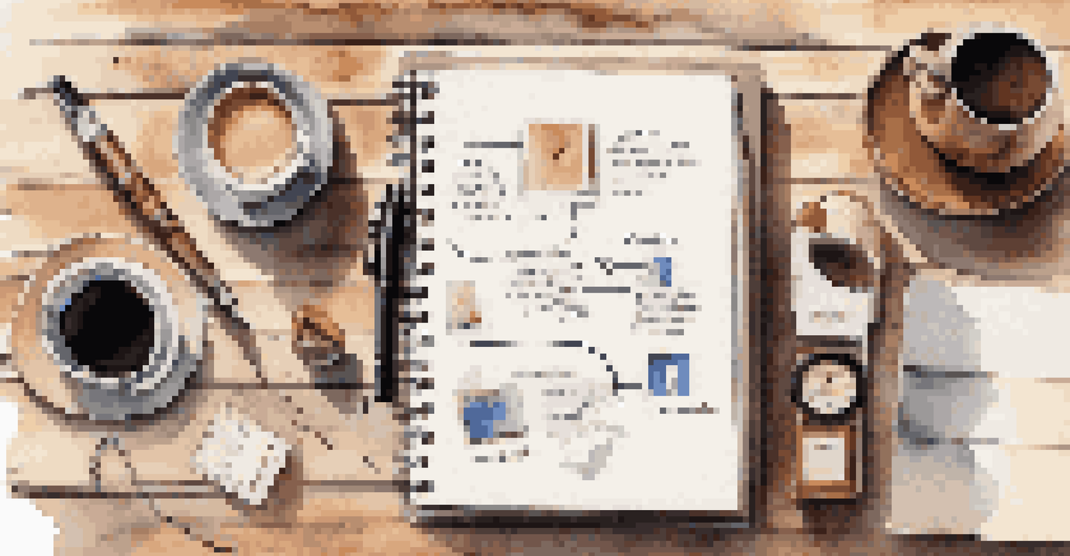 A flat lay of personal branding materials including a notebook, pen, smartphone, and coffee.