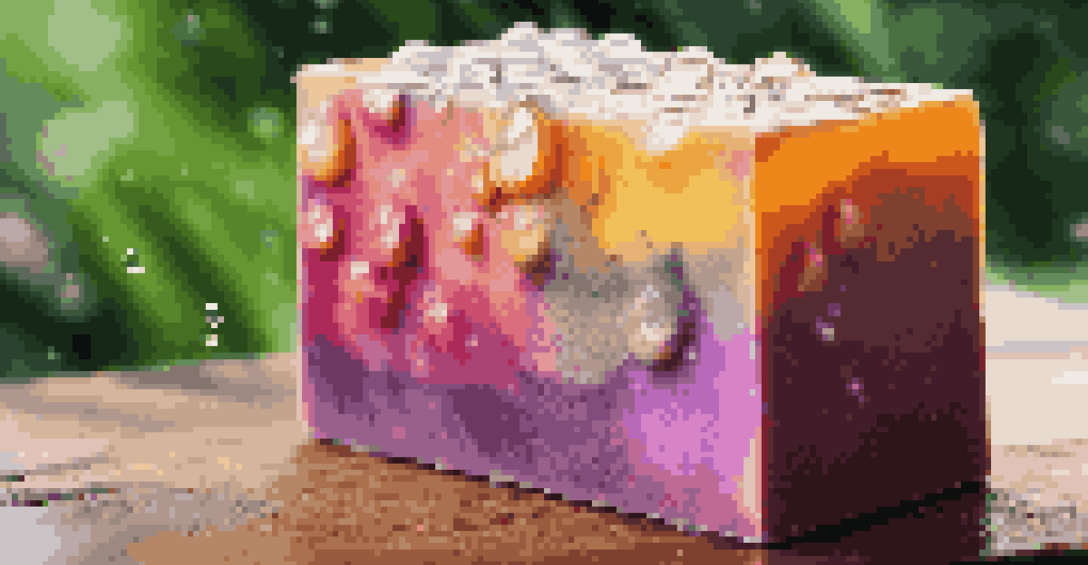 A close-up of a colorful luxury soap bar on a wooden dish with water droplets and blurred greenery in the background.