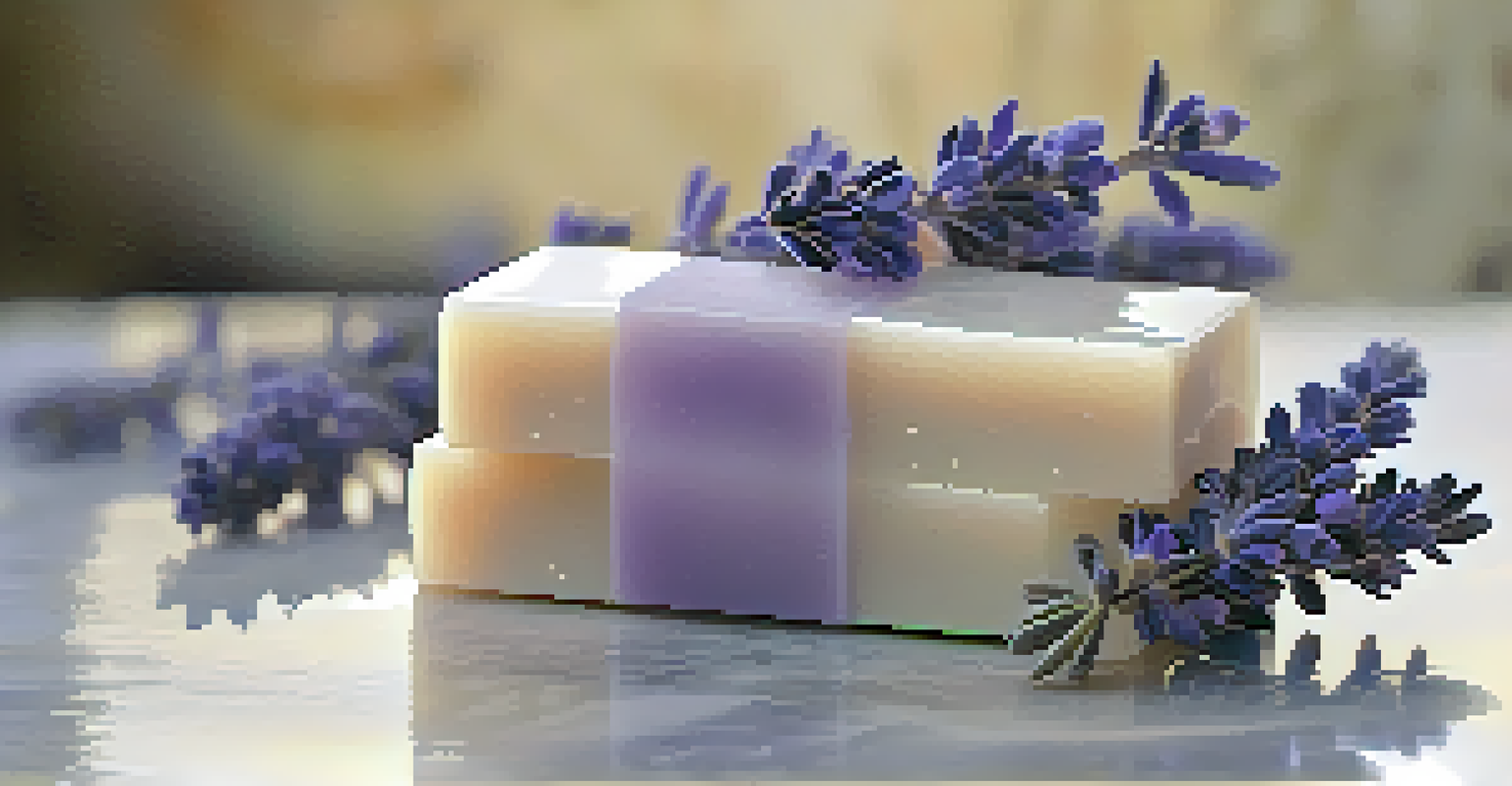 Close-up of a lavender-infused luxury soap next to fresh lavender on a smooth stone surface, with a blurred background.