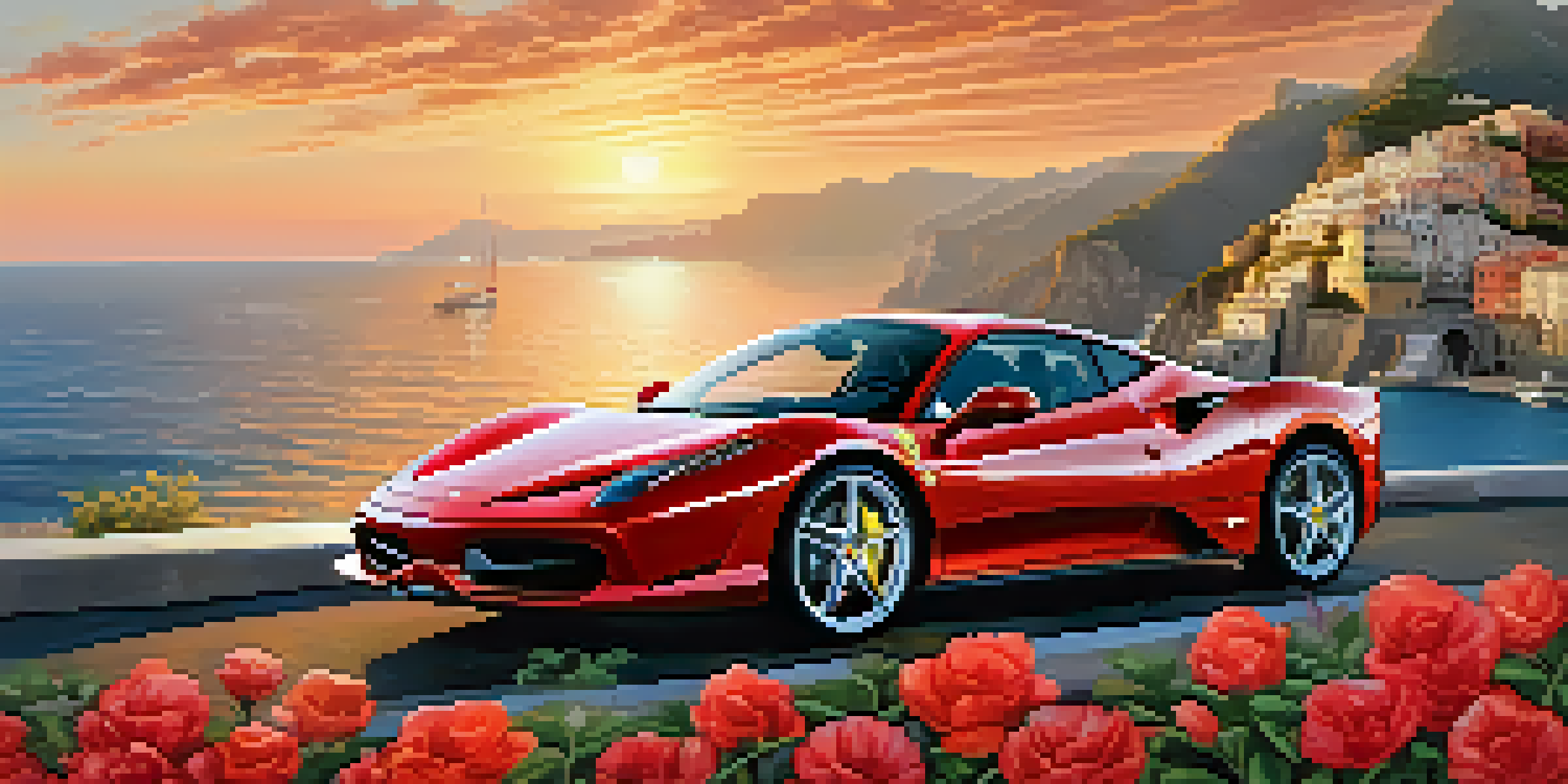 A red Ferrari driving on the scenic Amalfi Coast during sunset.