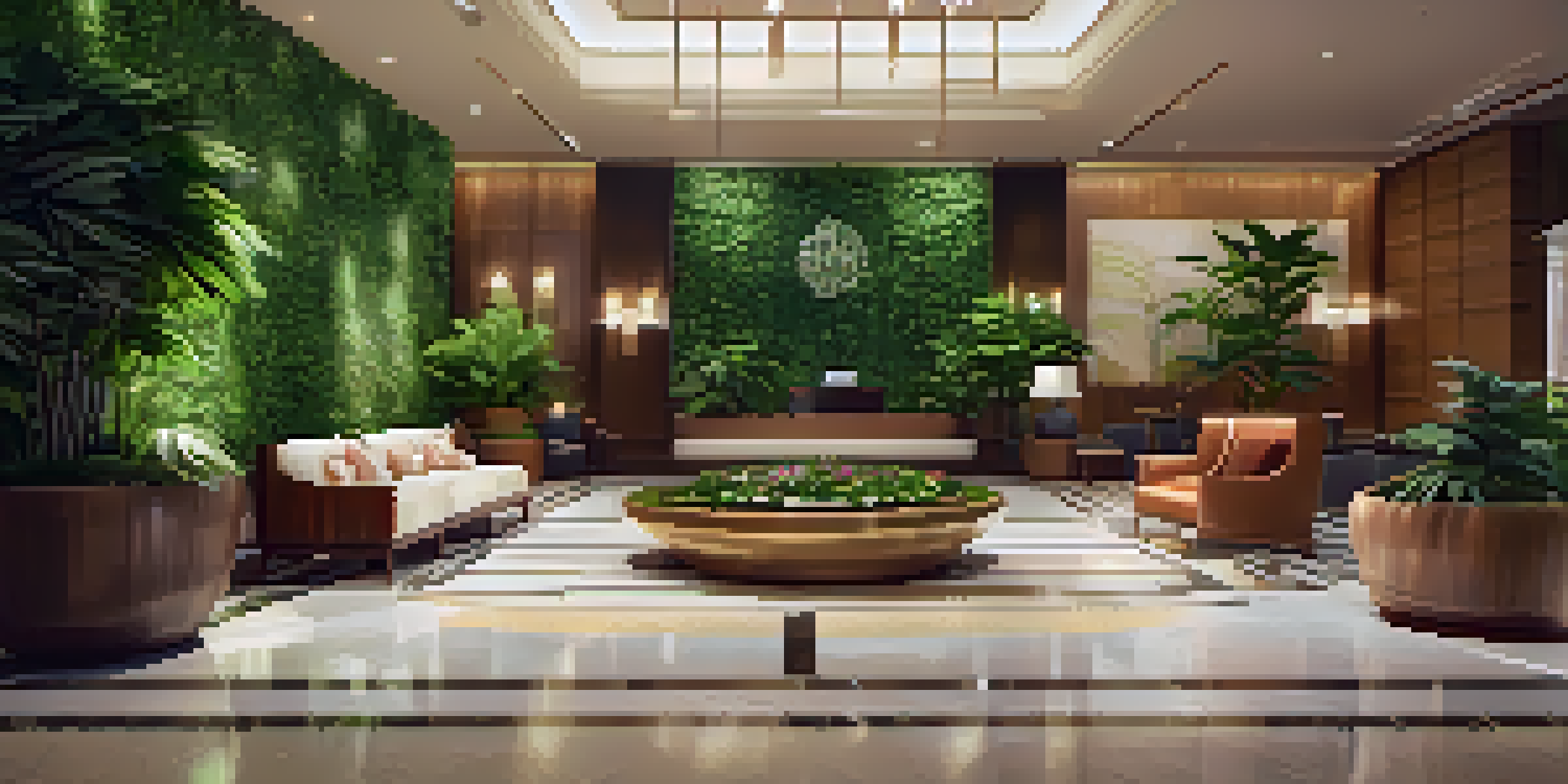 A luxurious hotel lobby with abundant greenery and natural light, featuring potted plants, a living wall, and a gentle water feature.