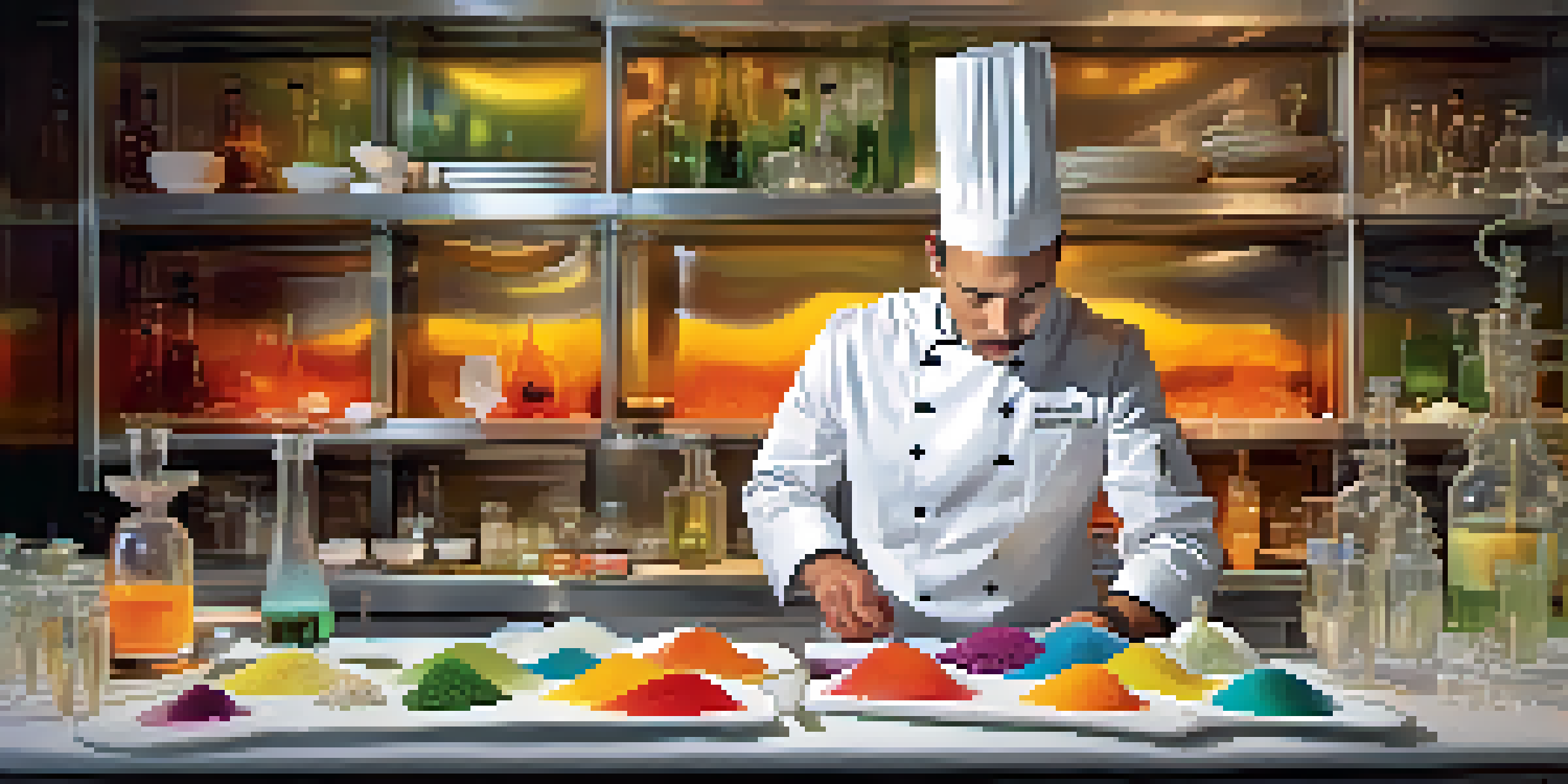 A chef in a lab coat working in a modern kitchen, surrounded by colorful foams and gels, showcasing innovative dishes.