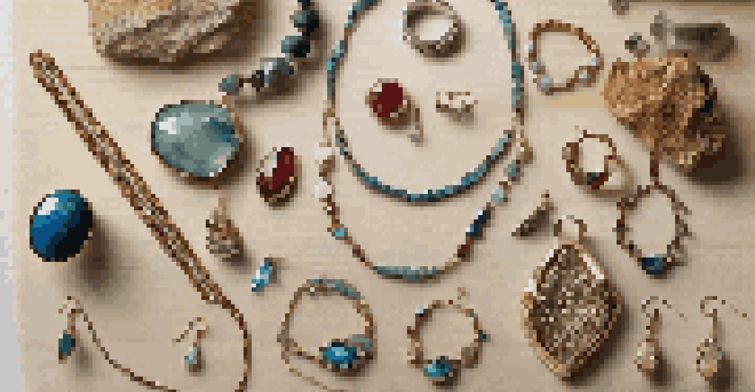 A display of sustainable luxury jewelry made from recycled materials on a wooden surface, illuminated by natural light.