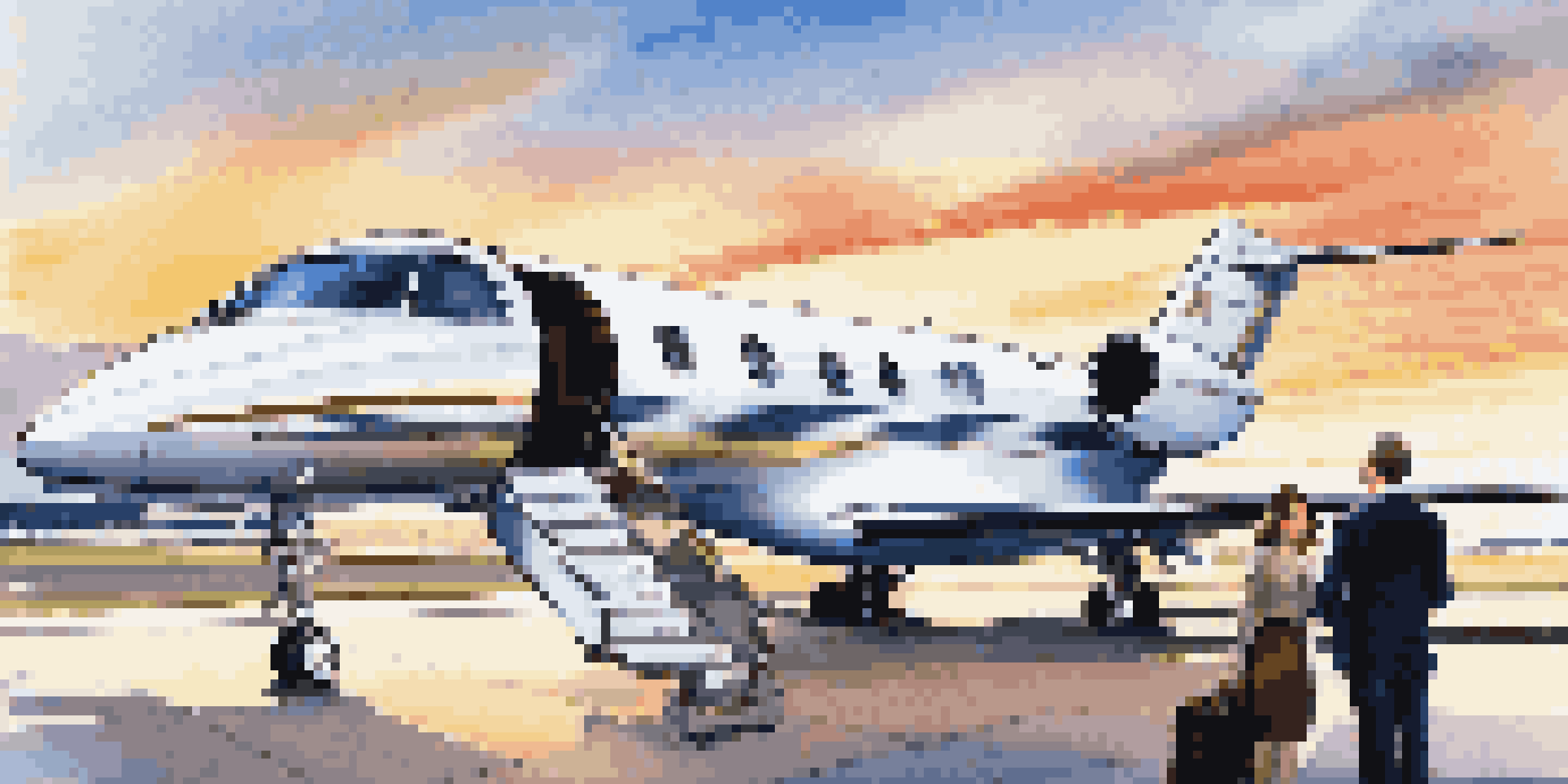 A luxurious private jet at a private terminal with a person checking in, under a clear blue sky with a sunset reflection.