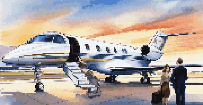 A luxurious private jet at a private terminal with a person checking in, under a clear blue sky with a sunset reflection.