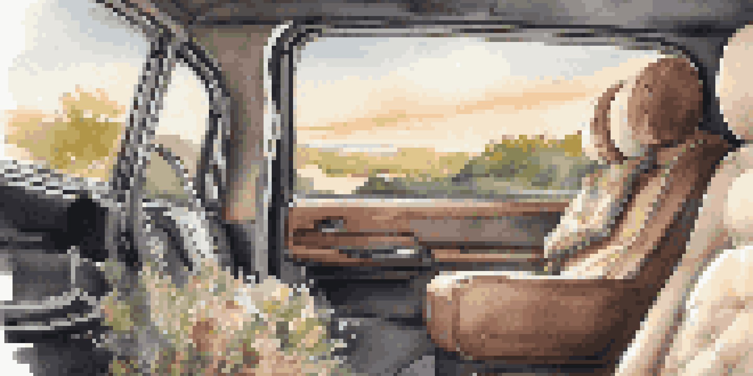 A luxurious car interior highlighting a plush seat cover, premium neck pillow, and noise-canceling headphones, complemented by ambient lighting and a scenic view outside.