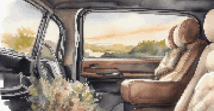 A luxurious car interior highlighting a plush seat cover, premium neck pillow, and noise-canceling headphones, complemented by ambient lighting and a scenic view outside.