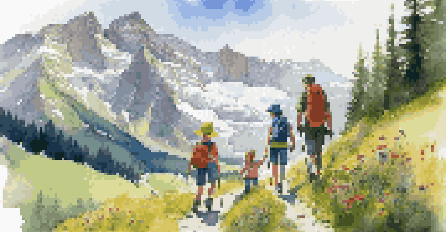 A family hiking in the Swiss Alps, showcasing adventure and the beauty of nature.