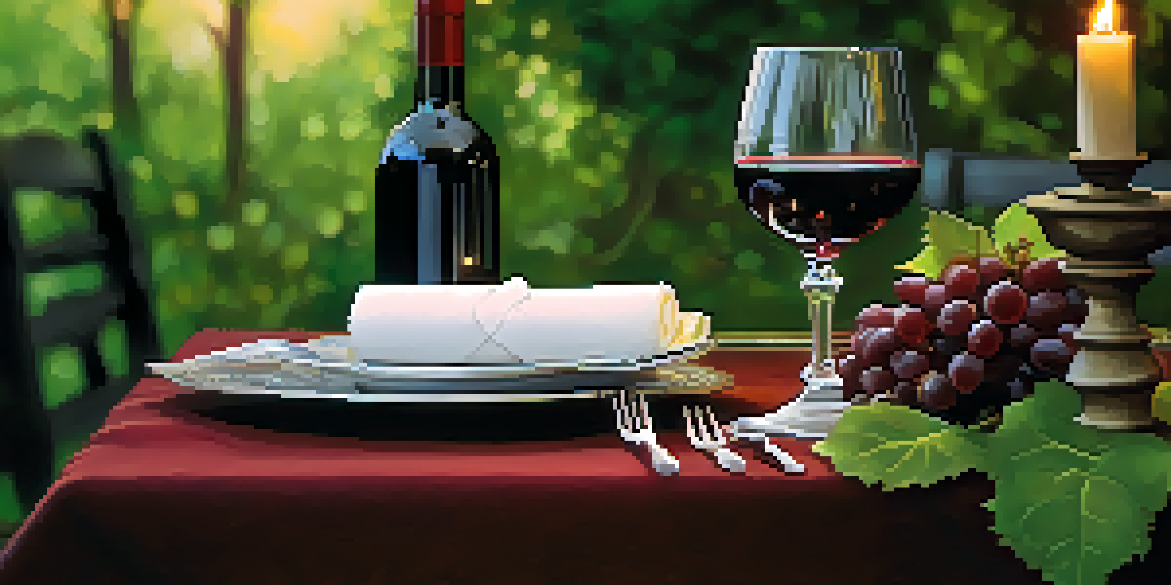 An elegant red wine glass filled with Cabernet Sauvignon on a rustic wooden table, softly illuminated by candlelight with lush green vines in the background.