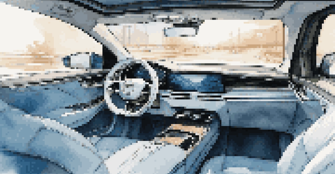 A luxurious car interior with smart materials that change color, featuring plush seating and ambient blue lighting.