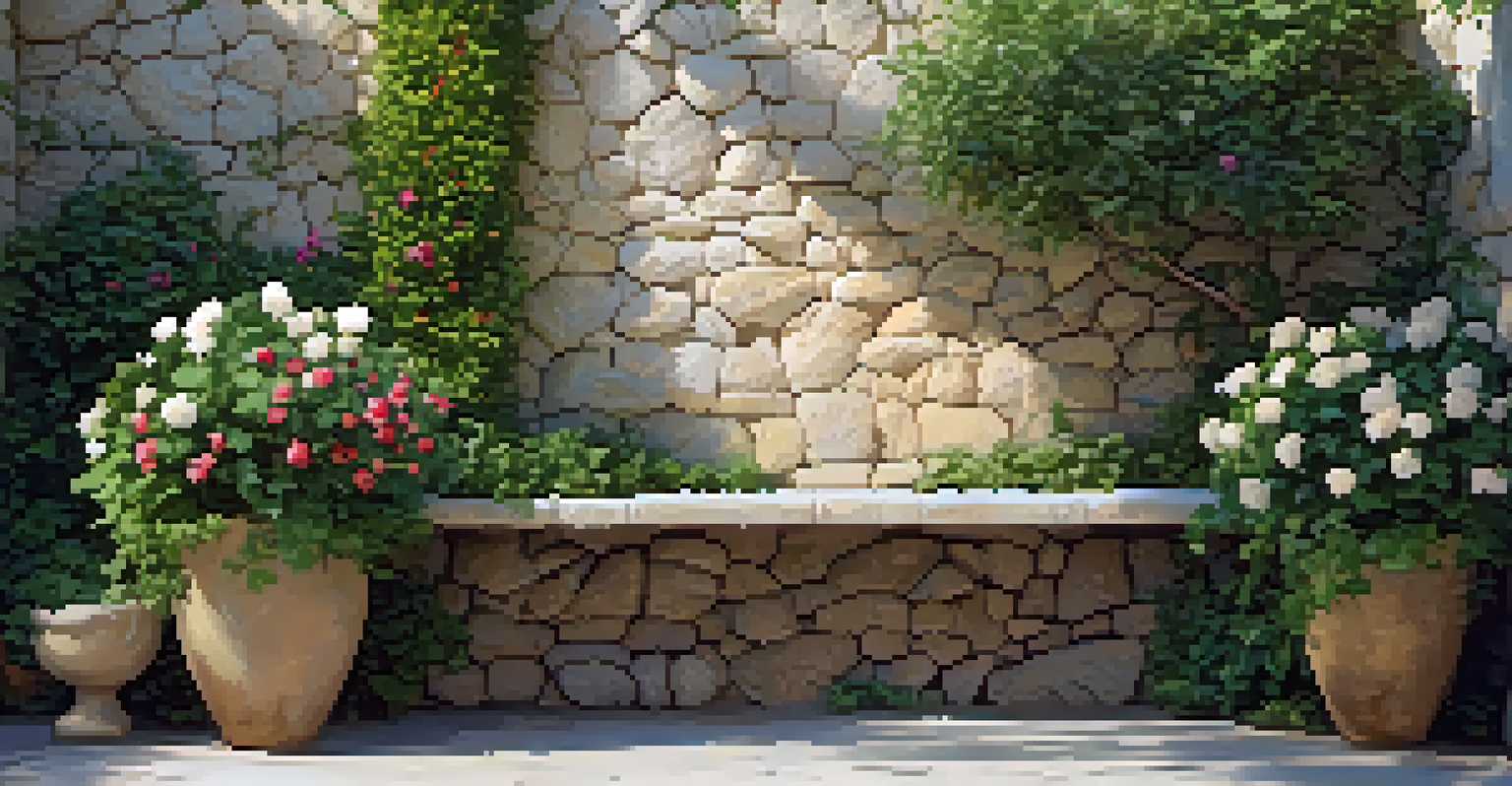 A limestone garden wall covered in climbing plants and flowers, with sunlight casting shadows on a stone bench in front.