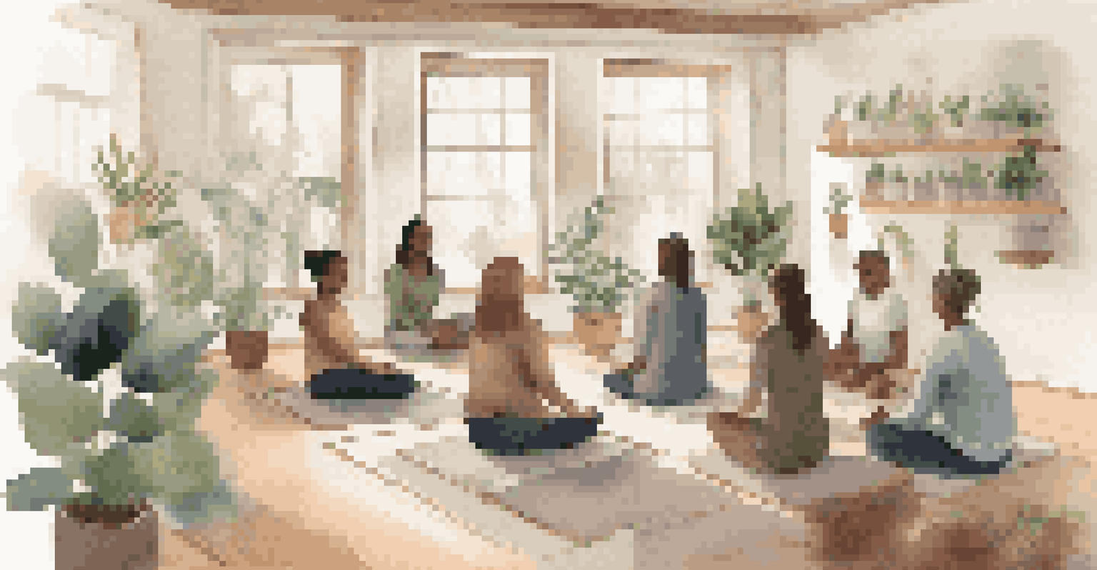 A wellness workshop with participants seated in a circle, engaging in mindfulness exercises in a cozy, plant-filled room.