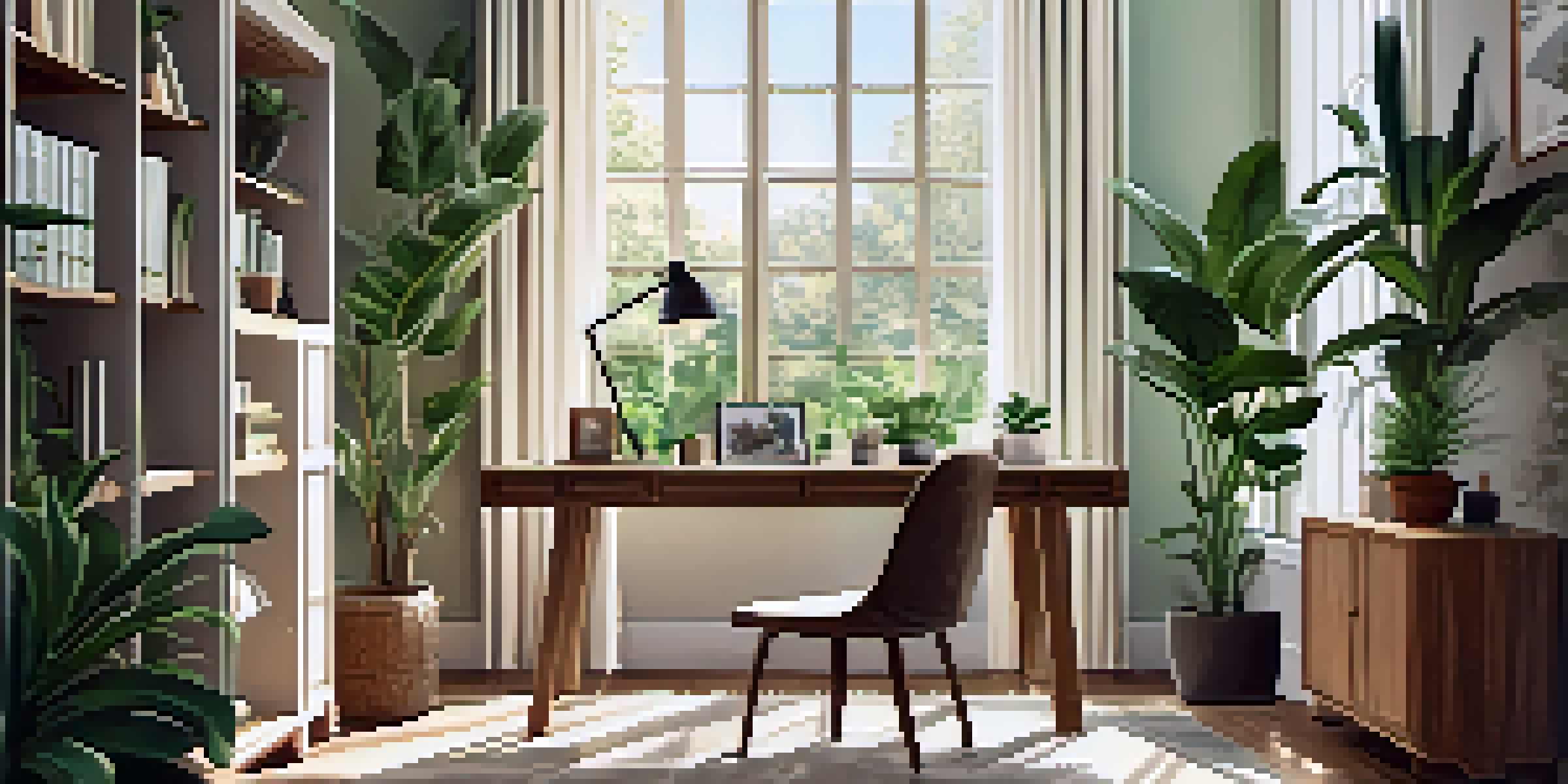 A bright and inviting home office with natural light, a wooden desk surrounded by green plants, and a comfortable chair.