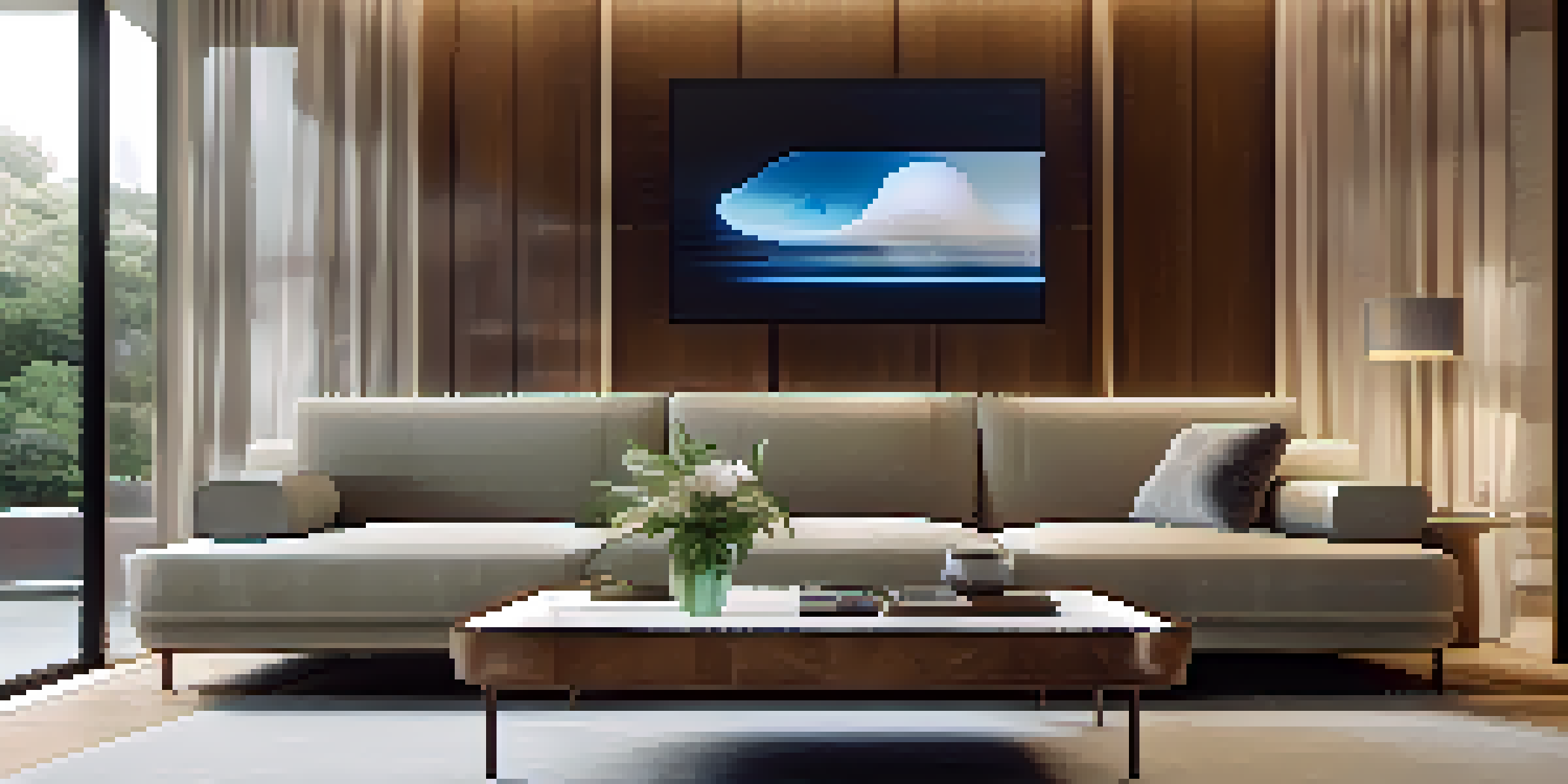 A modern living room with a smart security panel on the wall and a smartphone showing a security app.