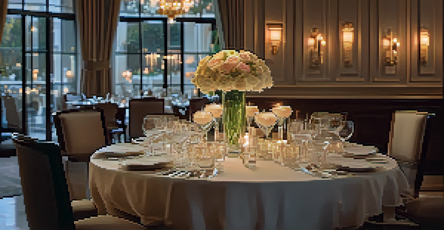 A luxurious dining table set with fine china and candlelight, creating an intimate atmosphere in an upscale restaurant.