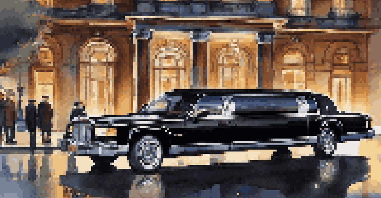 A stylish black limousine parked outside a grand venue with visible luxury interior.