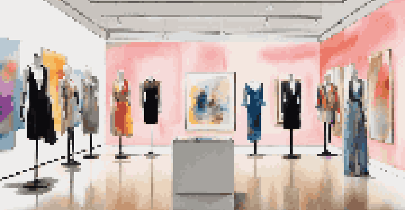 A contemporary art gallery setting transformed into a boutique displaying fashion inspired by modern art.