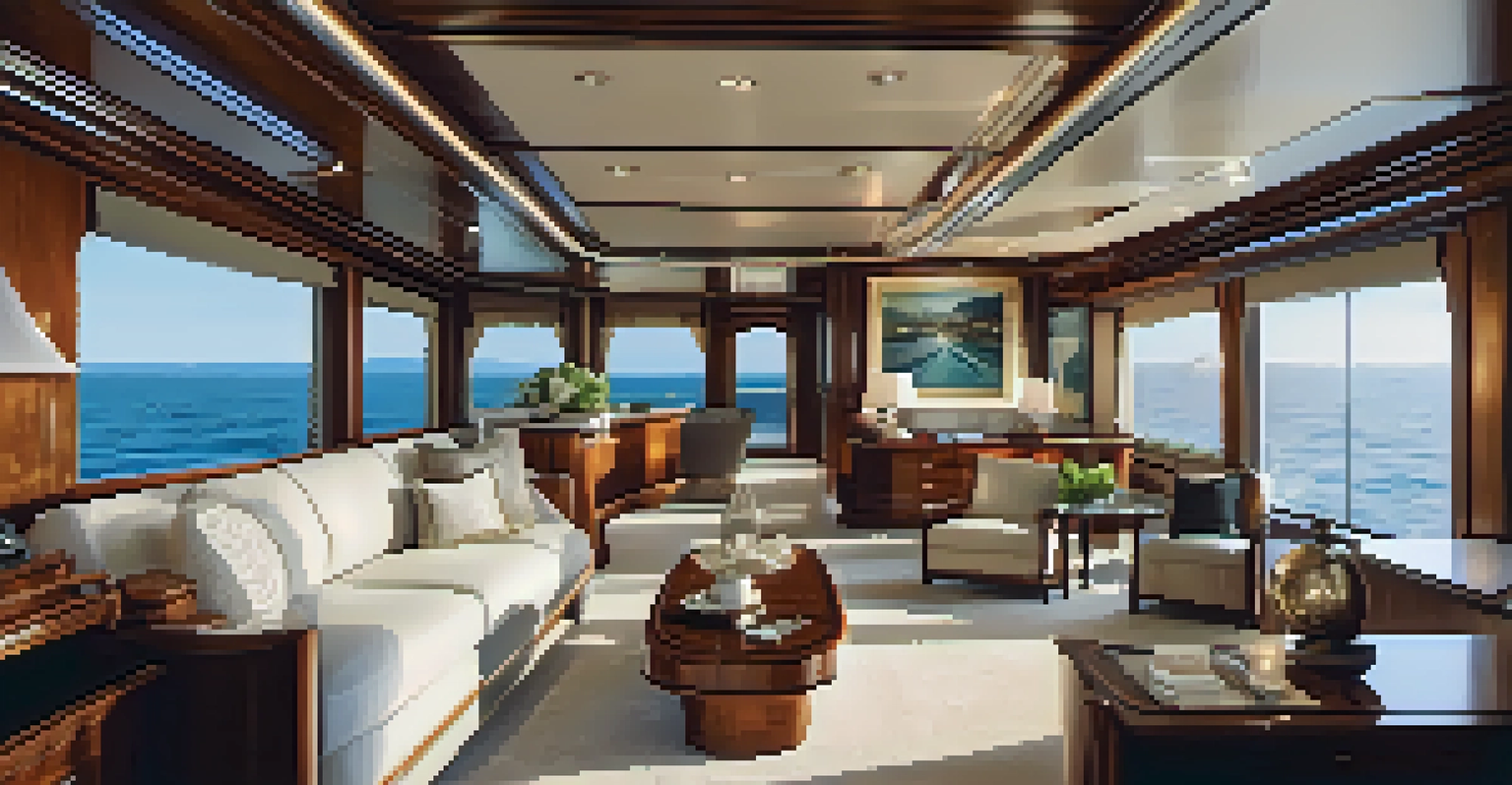 The luxurious interior of a yacht featuring rich wood accents and plush seating, with ocean views through large windows.