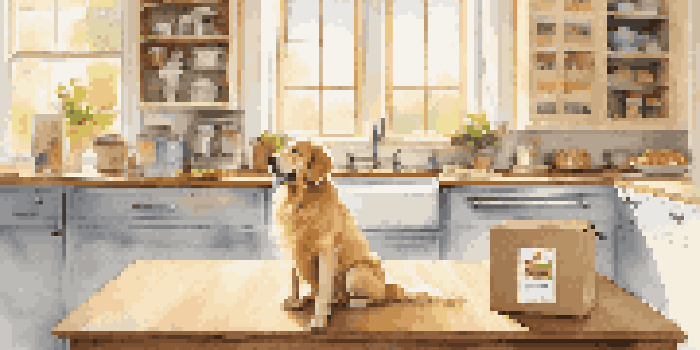 A golden retriever sits by a kitchen counter with a stylish pet food delivery box, showcasing various gourmet pet food packages in soft morning light.