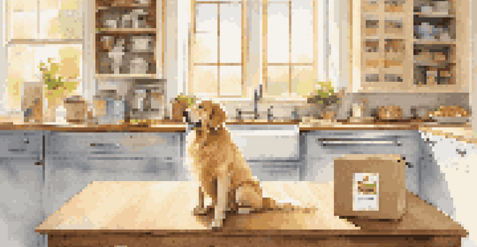 A golden retriever sits by a kitchen counter with a stylish pet food delivery box, showcasing various gourmet pet food packages in soft morning light.