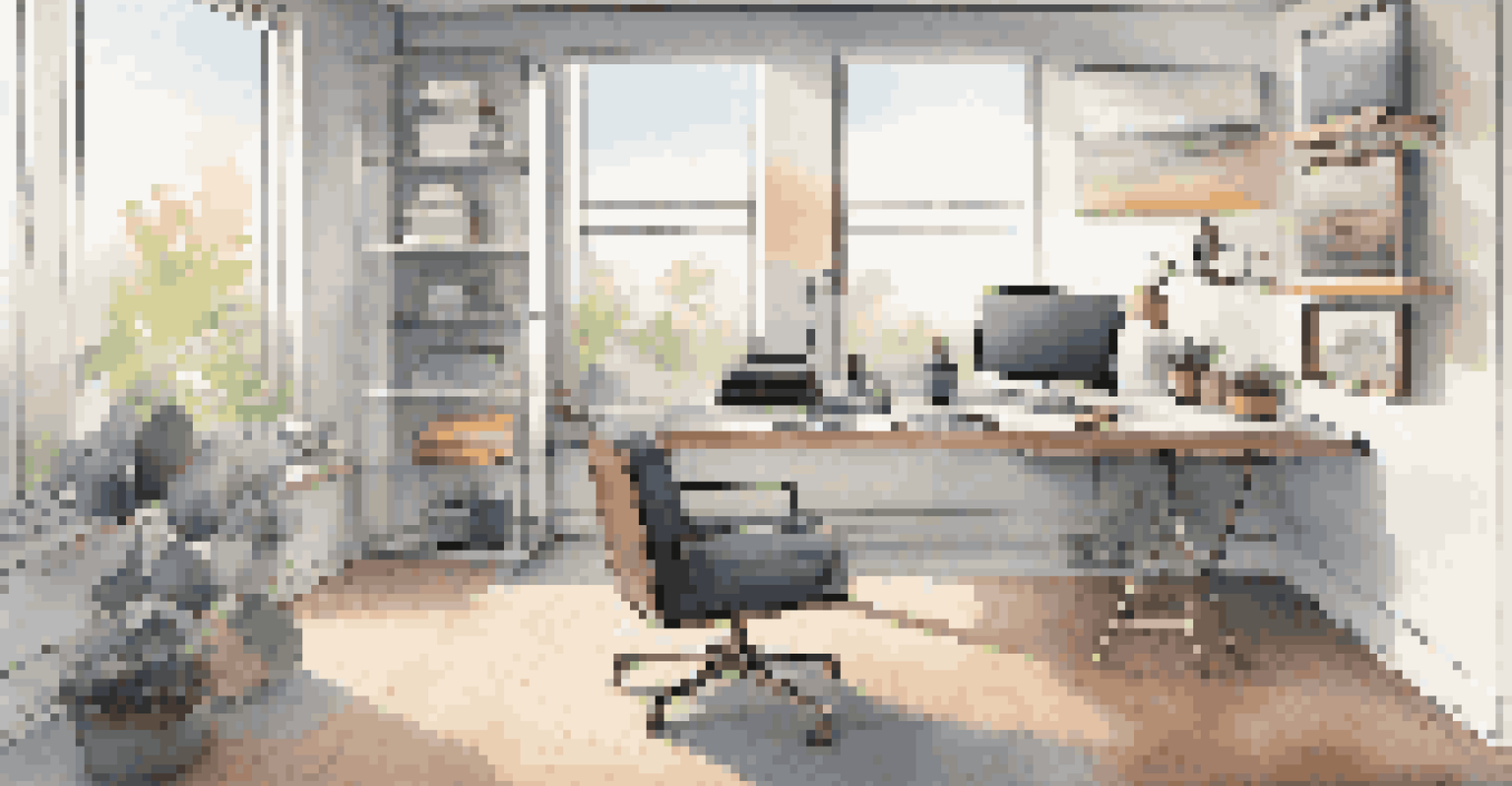 An innovative home office setup with a mesh Wi-Fi system, smart display, comfortable chair, and automated lighting.