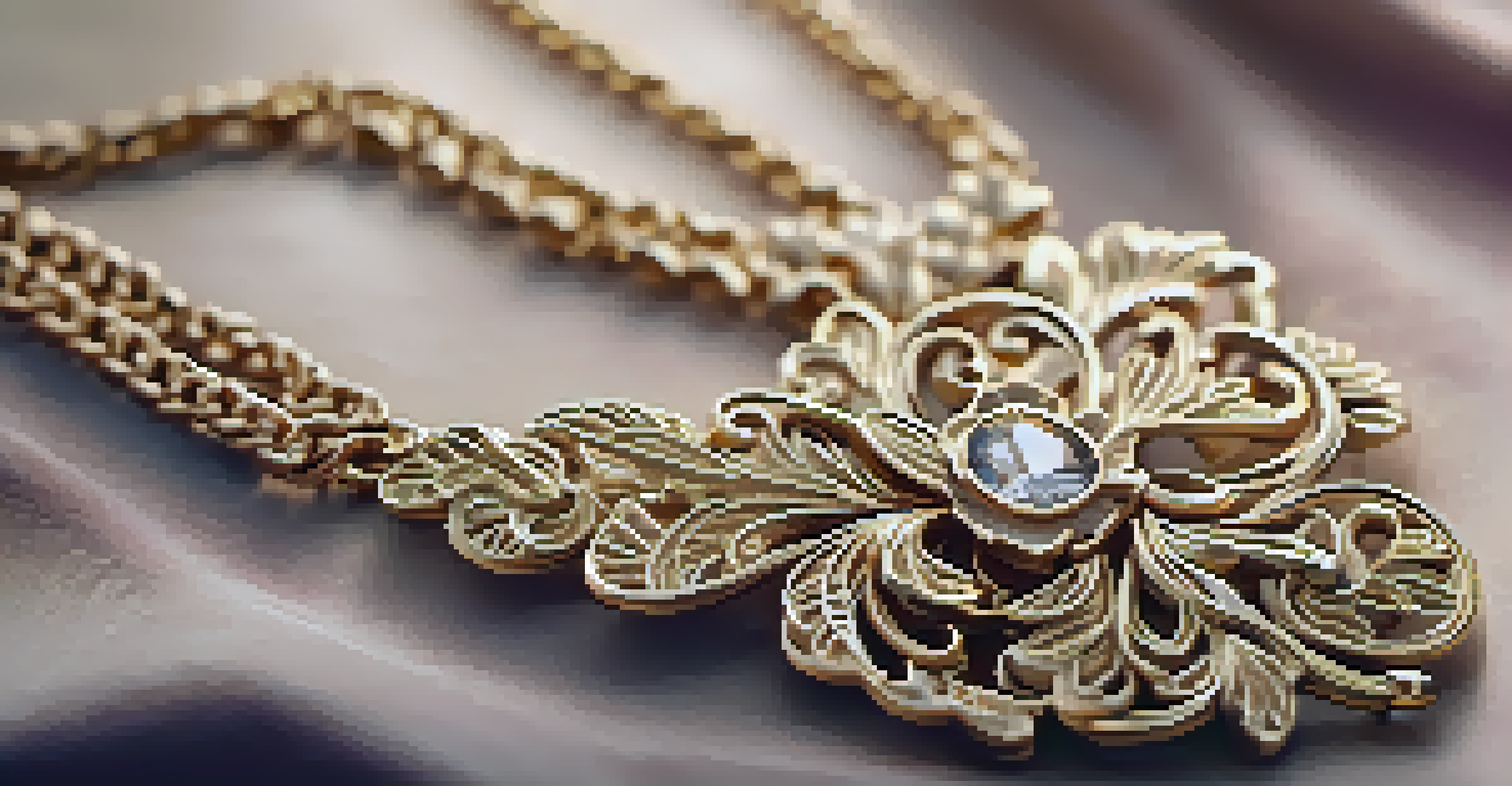 A close-up of a vintage-inspired gold necklace with intricate designs on a velvet surface, softly lit to accentuate its beauty.