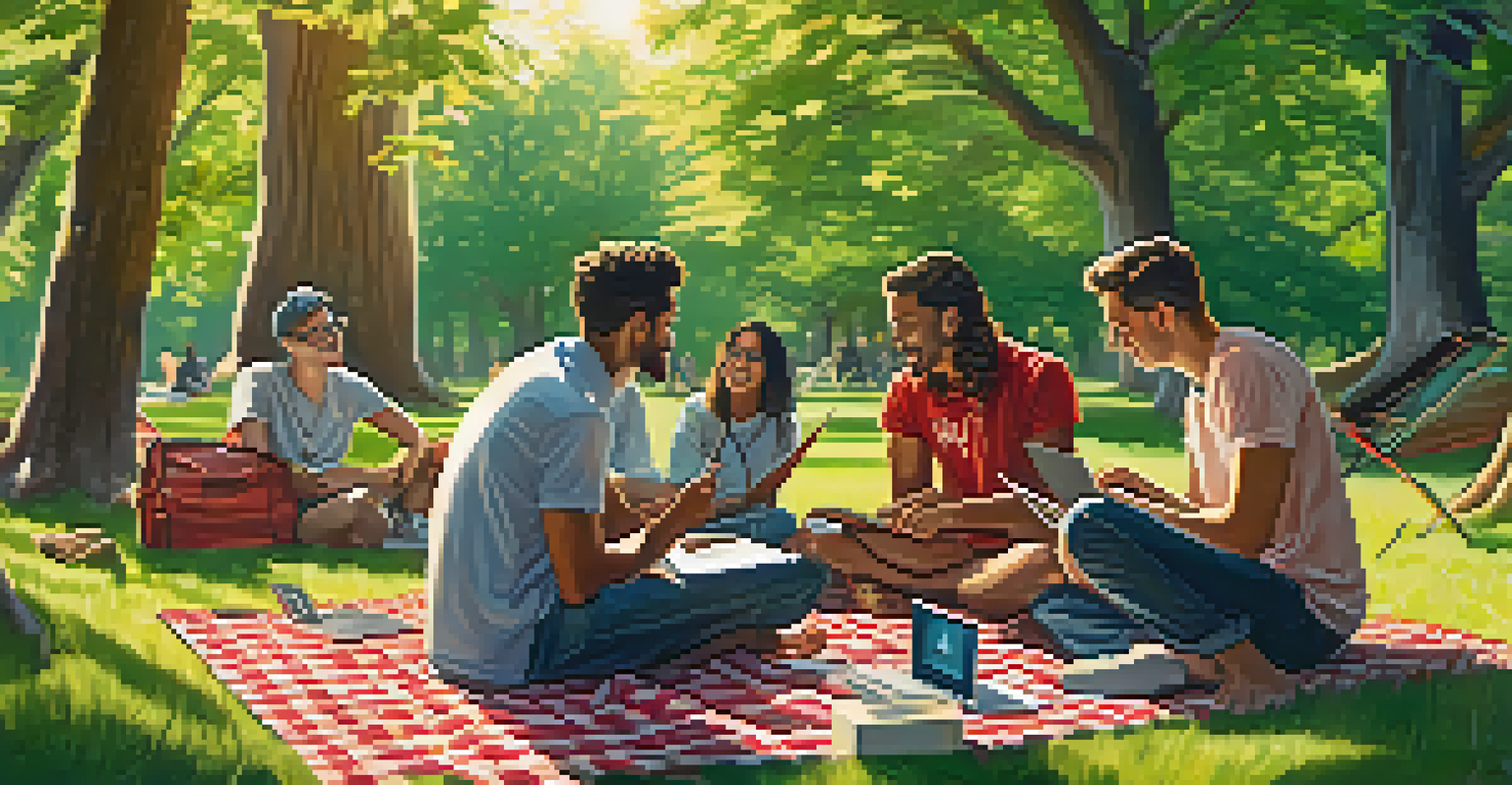 A group of millennials having a lively discussion outdoors with laptops and microphones.