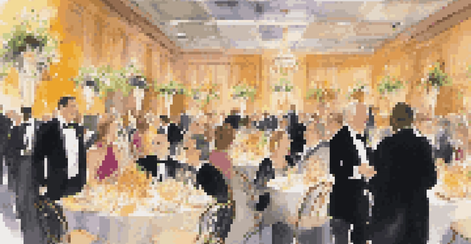 An upscale charity gala with elegantly dressed attendees, floral decorations, and an auction table.
