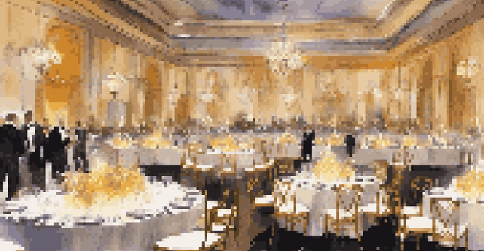 An elegant charity gala event space with decorated tables and guests in formal attire.