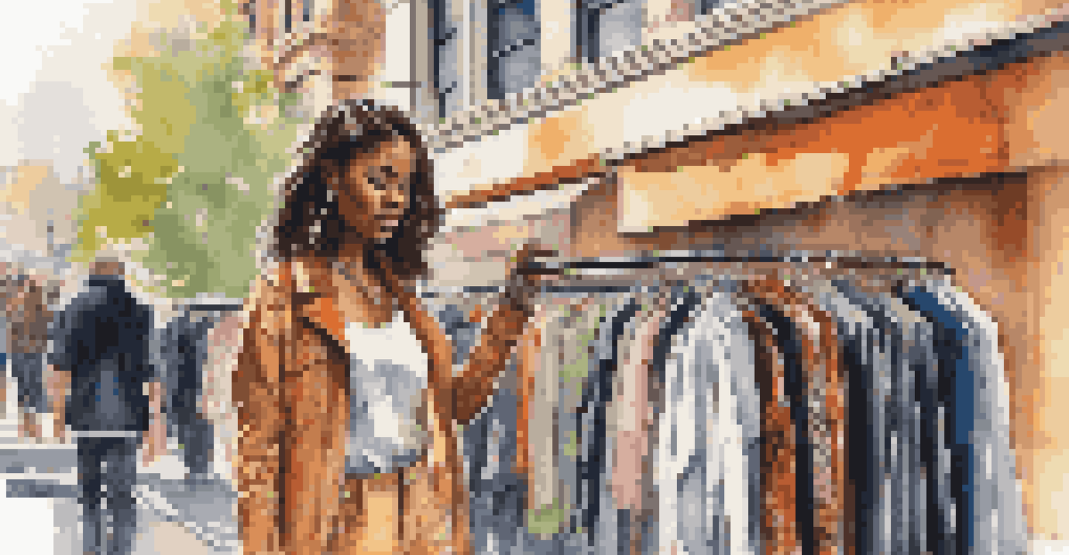 A young woman exploring high-end streetwear in an urban area with colorful street art in the background.