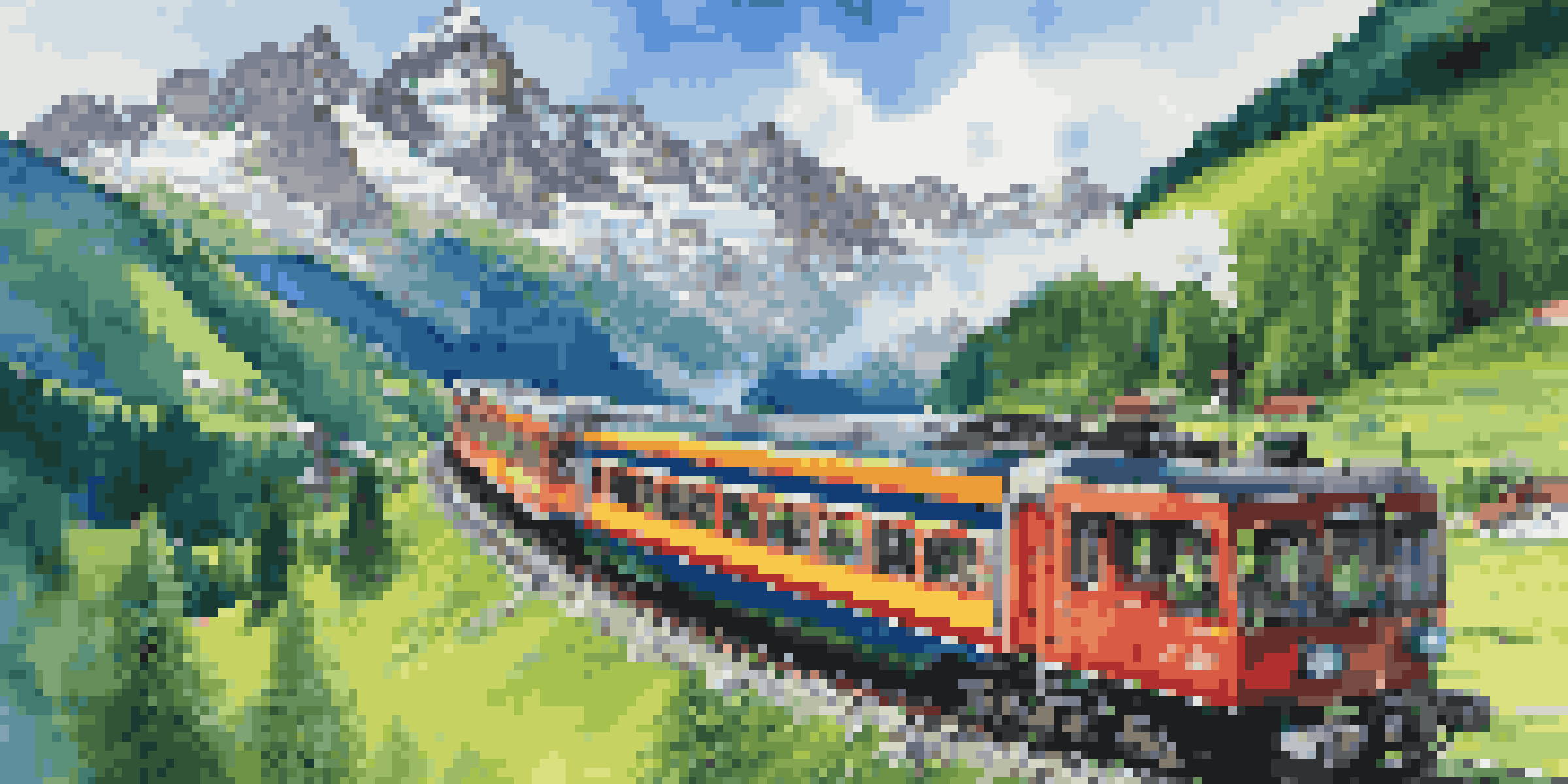 A colorful train journeying through the Swiss Alps, with families enjoying the scenic view from panoramic windows, surrounded by majestic mountains and lush valleys.