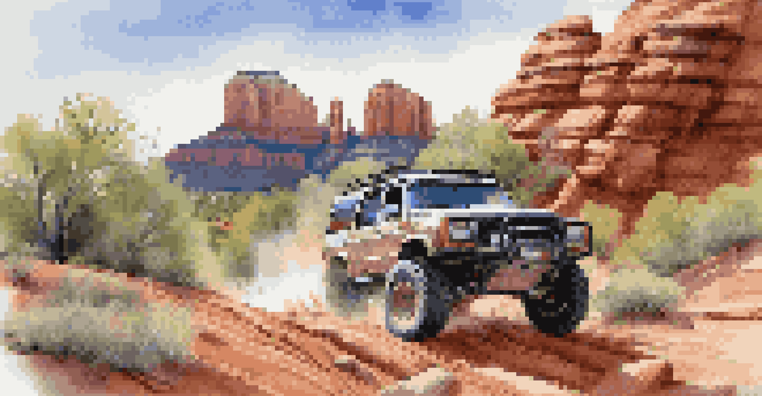 A luxury off-road vehicle driving on a winding trail in Sedona, Arizona, with red rock formations in the background.