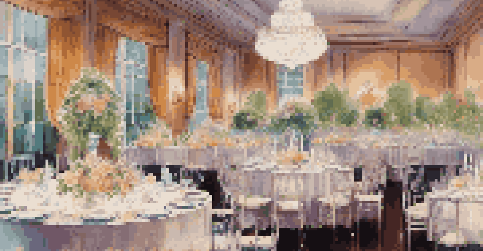 A luxurious banquet setup featuring elegantly arranged tables with fine dining elements and colorful ambient lighting.