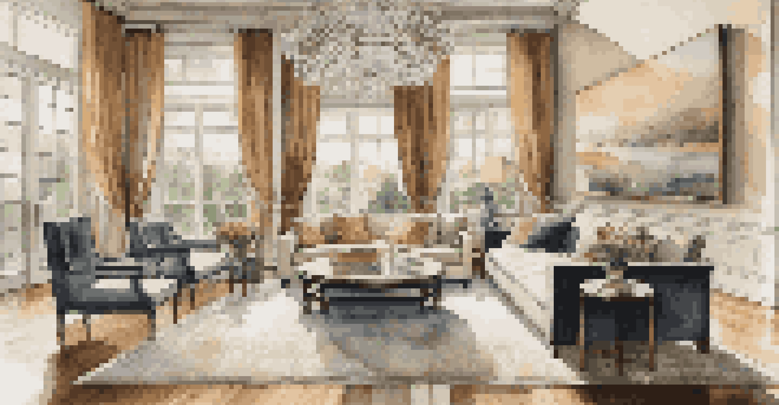 An elegant living room with high ceilings and large windows, featuring plush furniture and a grand chandelier, illuminated by soft natural light.