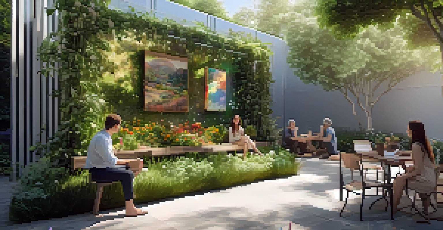 An outdoor area featuring a modern art installation made from recycled materials, surrounded by greenery.