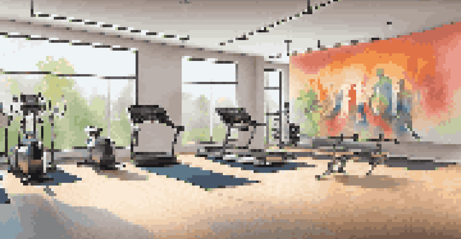 A flexible fitness space with adjustable areas for different workouts, colorful artwork, and bright lighting.