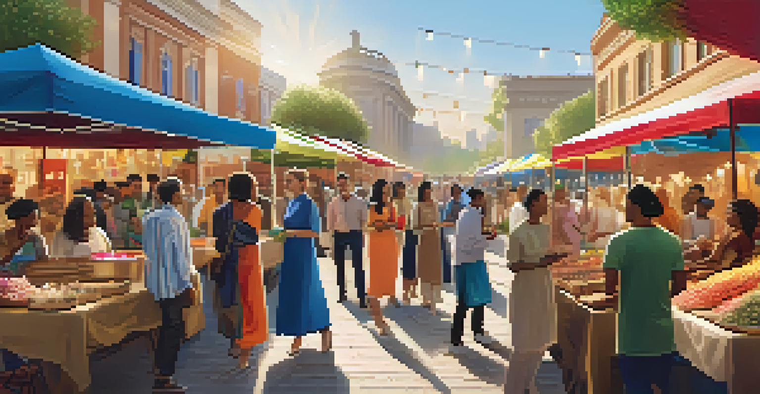 A lively community engagement event with artisans displaying crafts and people interacting in an urban market.