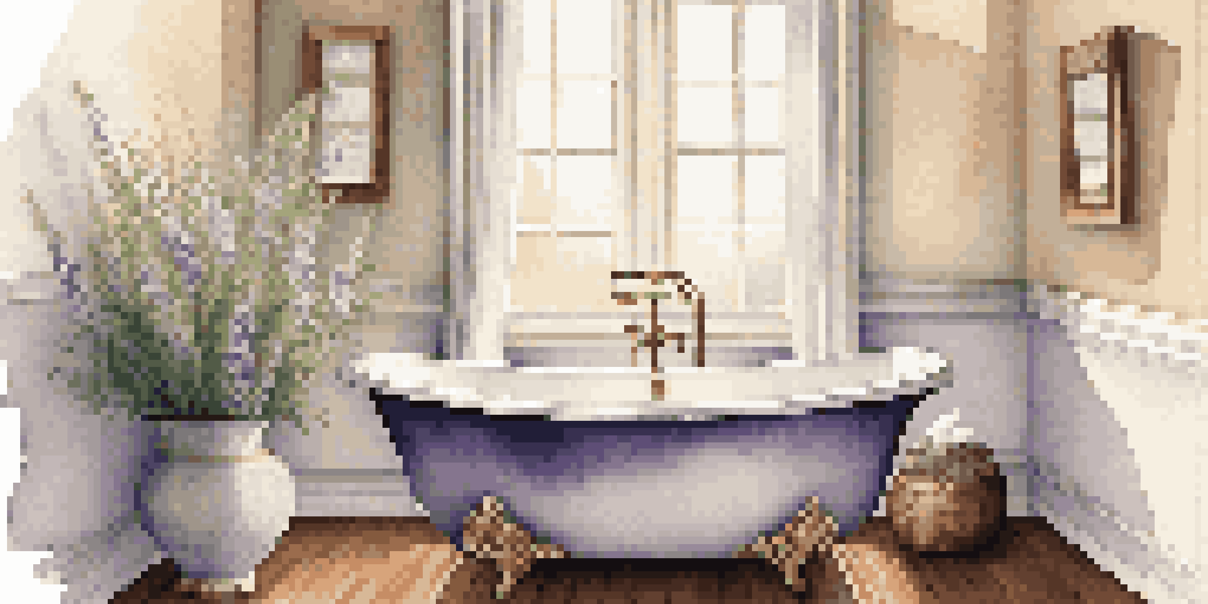 A peaceful bathroom with a wooden bathtub filled with warm water, illuminated by soft natural light, and surrounded by skincare products and lavender sprigs.