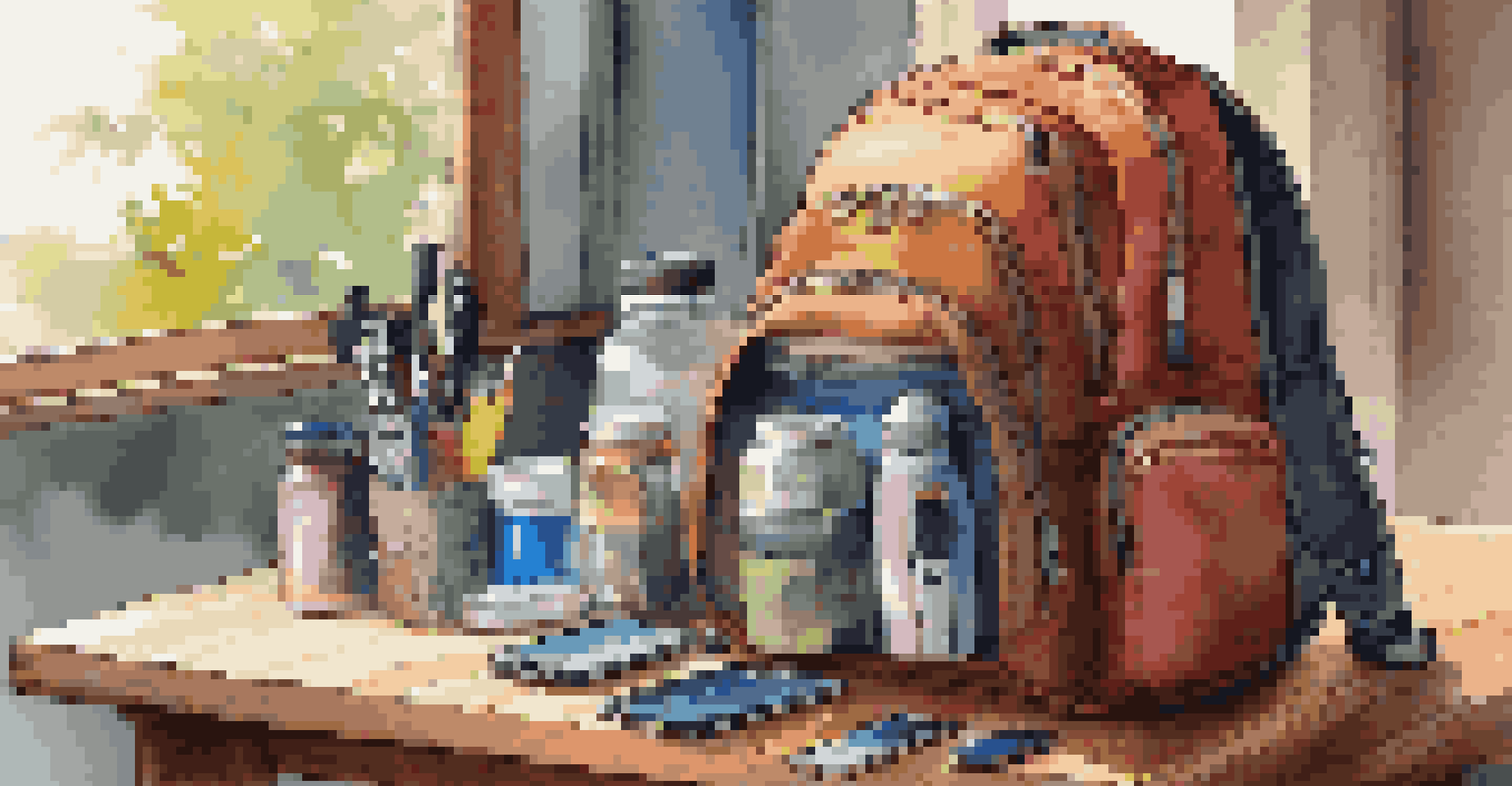 A stylish travel backpack with tech gadgets and accessories on a wooden table.