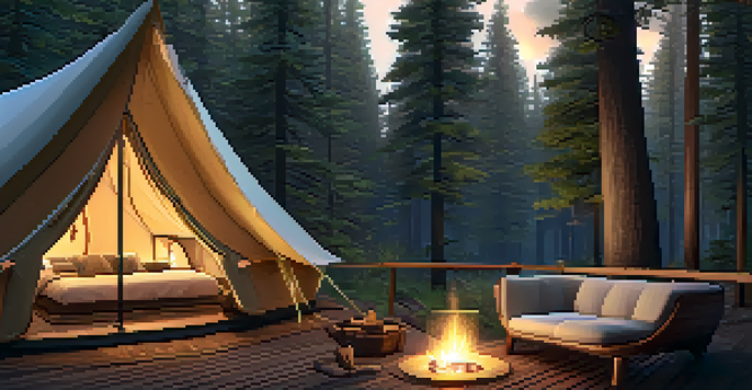 A luxurious glamping tent in a forest with wooden decking, plush bedding, and a hammock. Warm light filters through the trees.