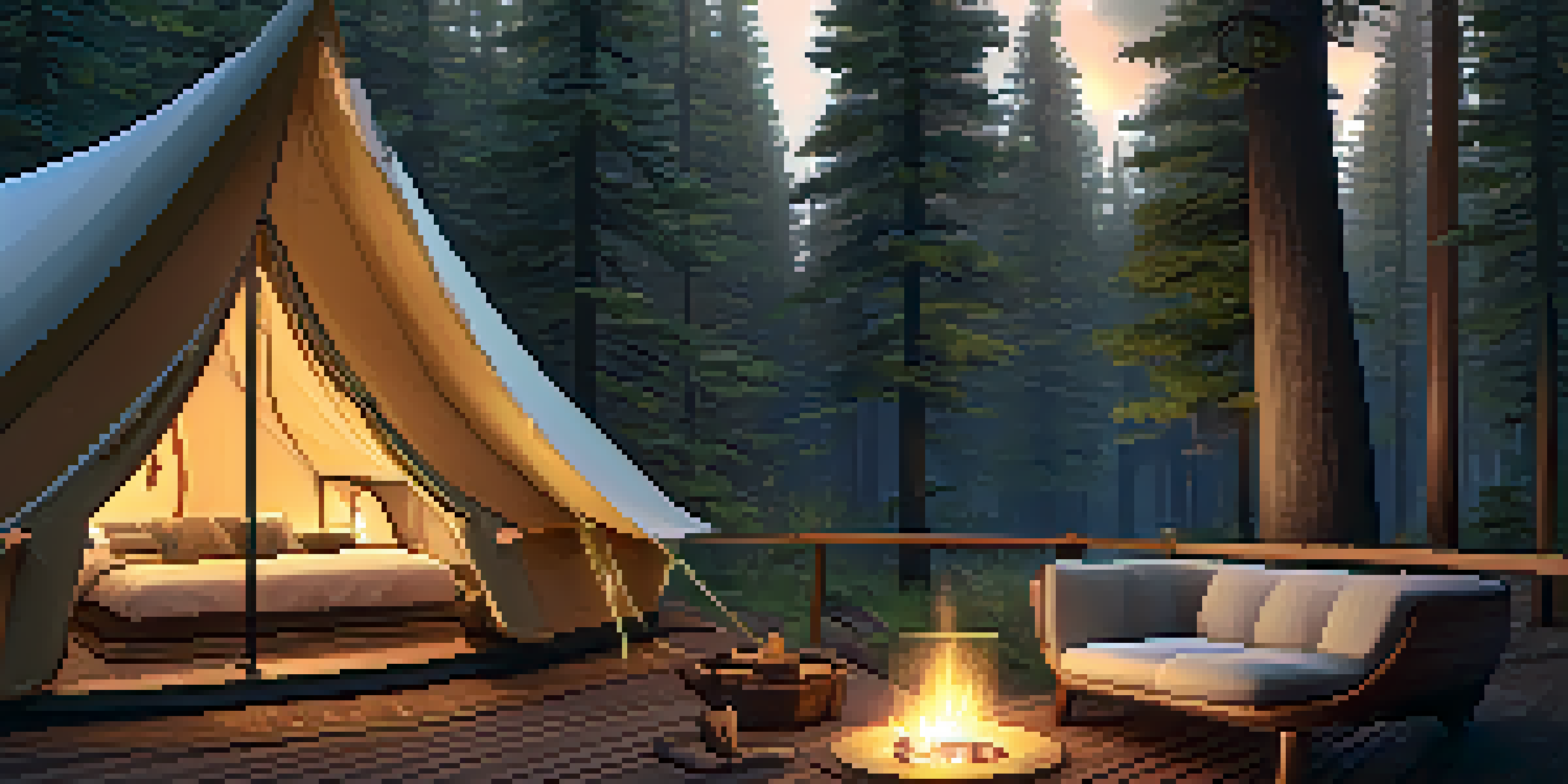 A luxurious glamping tent in a forest with wooden decking, plush bedding, and a hammock. Warm light filters through the trees.