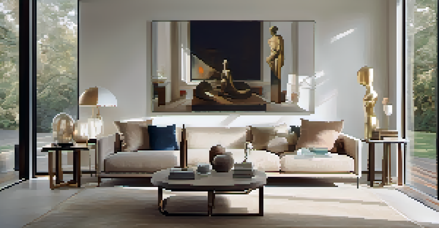 A stylish living room showcasing an art collection with paintings and sculptures, bathed in natural light.