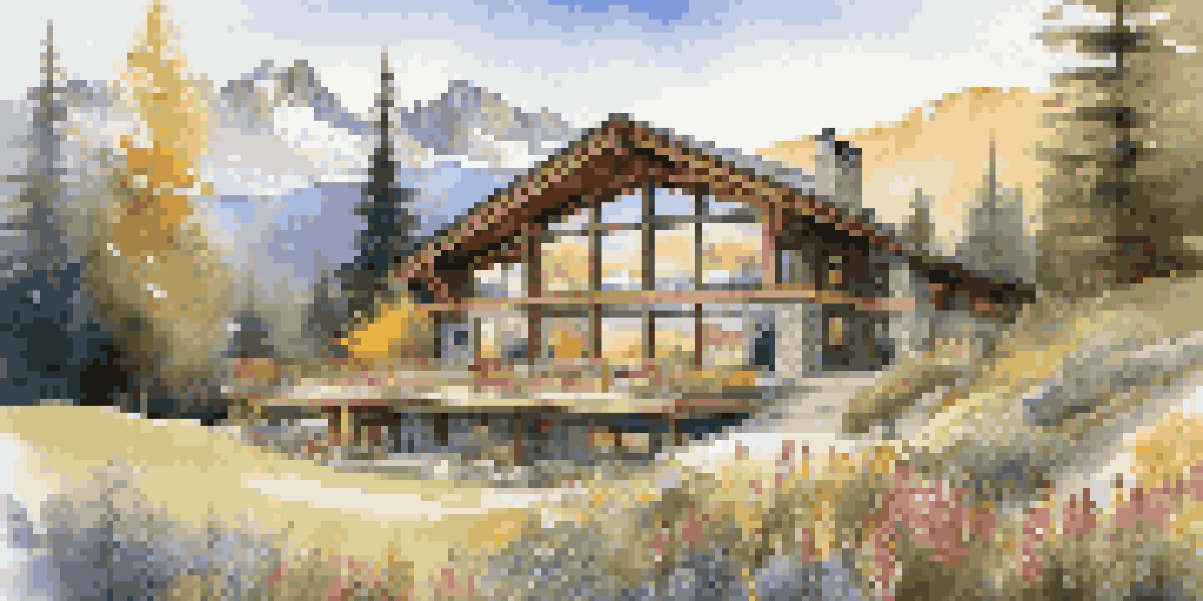 A luxurious mountain retreat with a modern chalet, panoramic views of snow-capped peaks, a vibrant garden, and a reflective pond under warm sunlight.