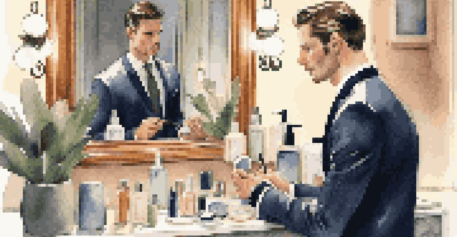 A man applying skincare in front of a mirror with high-end grooming tools in the background.