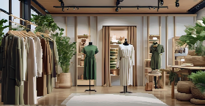 An elegant boutique displaying sustainable fashion items in an eco-friendly interior with wooden racks and indoor plants.