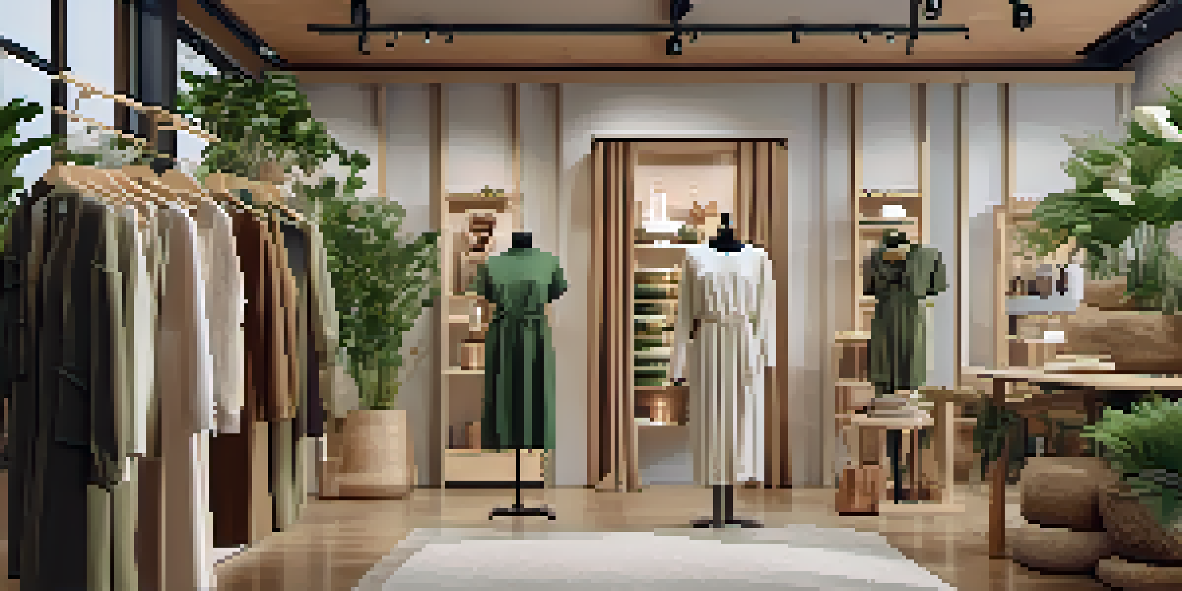 An elegant boutique displaying sustainable fashion items in an eco-friendly interior with wooden racks and indoor plants.