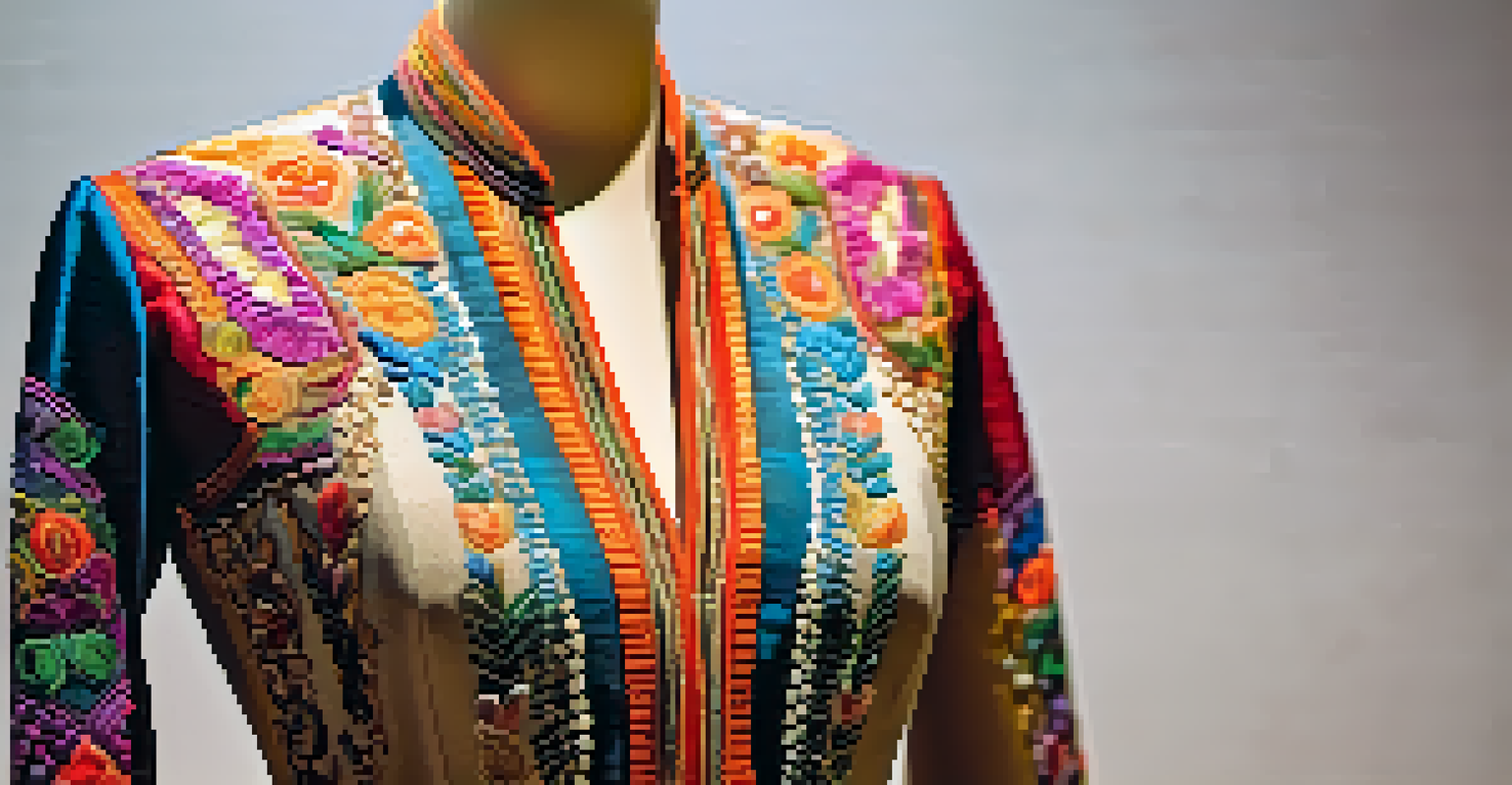 A hand-embroidered garment on a mannequin, showcasing intricate patterns and vibrant colors.