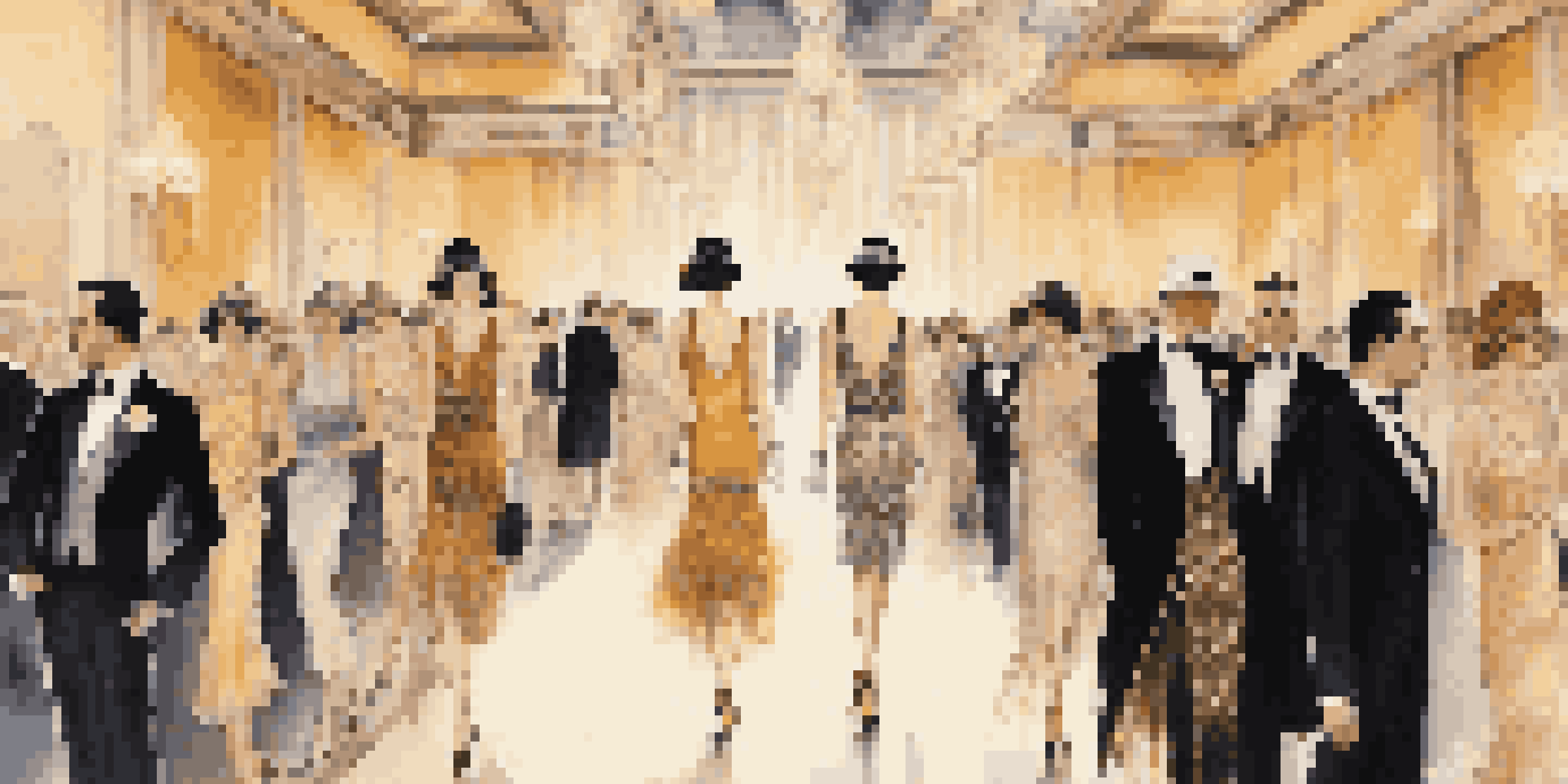 A vintage fashion show with models in 1920s flapper dresses walking down a runway, surrounded by an art deco backdrop and a nostalgic audience.